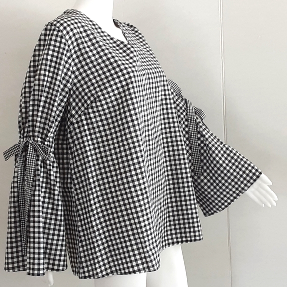Ava & Viv Tops - PLUS SZ XL  AVA & VIV Black White Gingham V-Neck Bow Flutter Long Sleeve Blouse